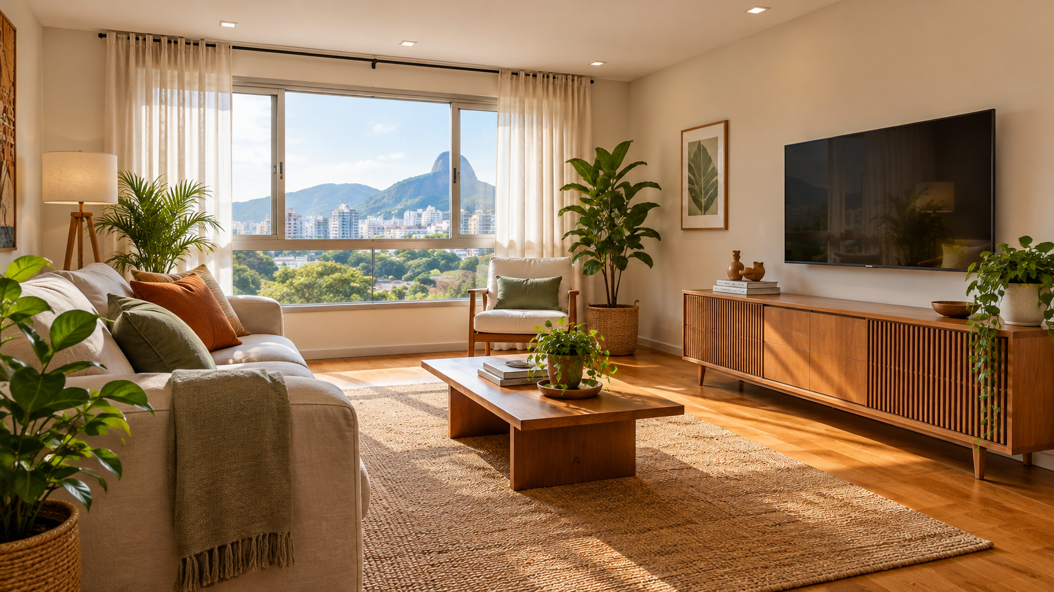casa sustentável com sala iluminada por luz natural e plantas