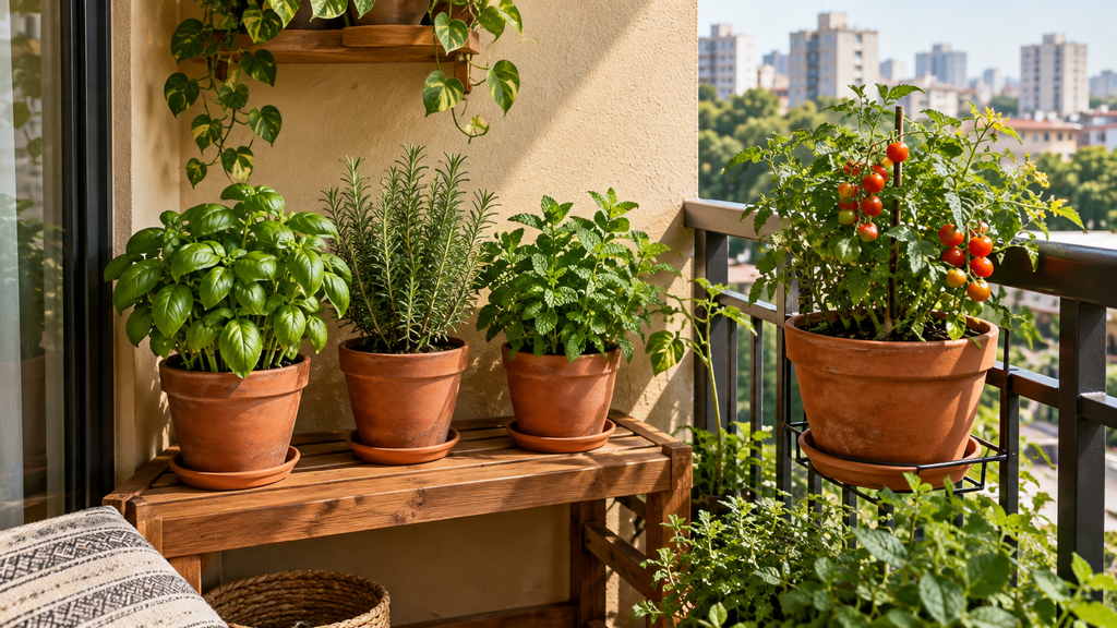 Mini horta de temperos em vasos de barro na varanda de apartamento