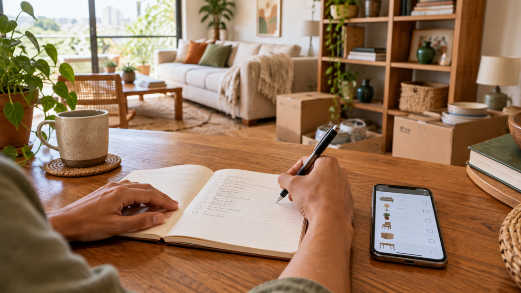 Inventário da casa: anotações em caderno para planejar a decoração sustentável