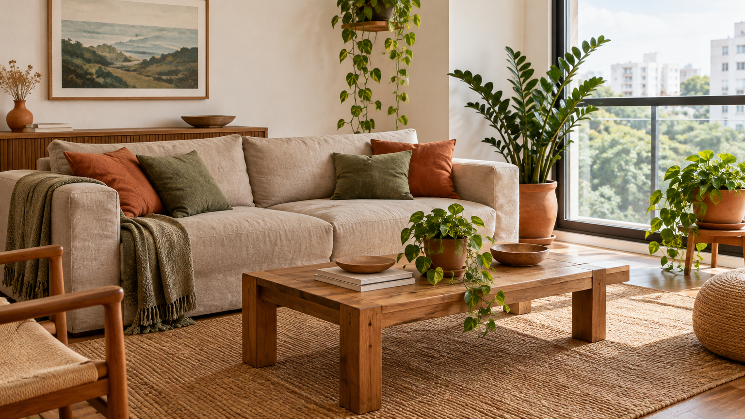 Sala de estar com decoração sustentável: sofá de linho, tapete de juta e plantas em luz natural