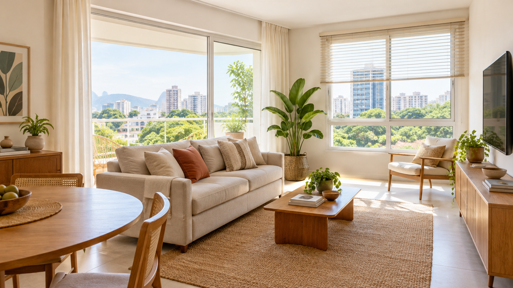 ambiente claro com cortinas abertas aproveitando a luz natural