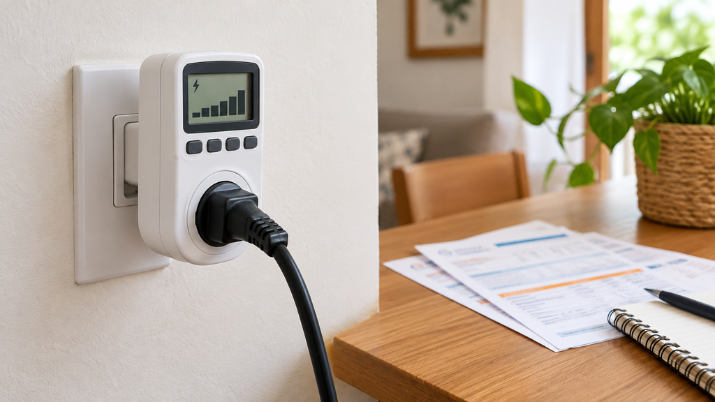 medidor de consumo plugado na tomada com faturas ao lado como reduzir a conta de luz